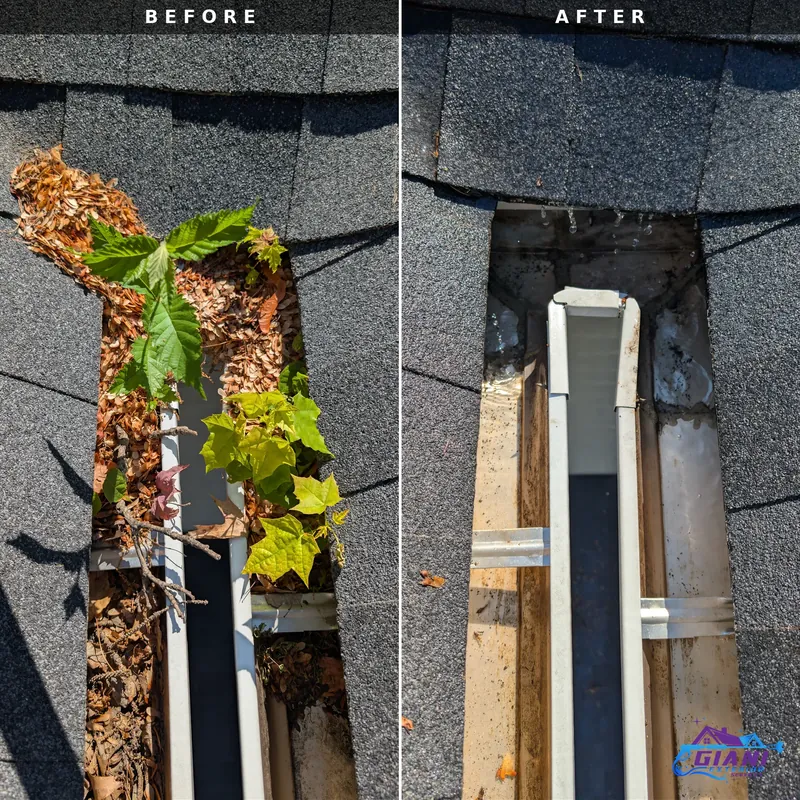 Before and after gutter cleaning in Reading, MA