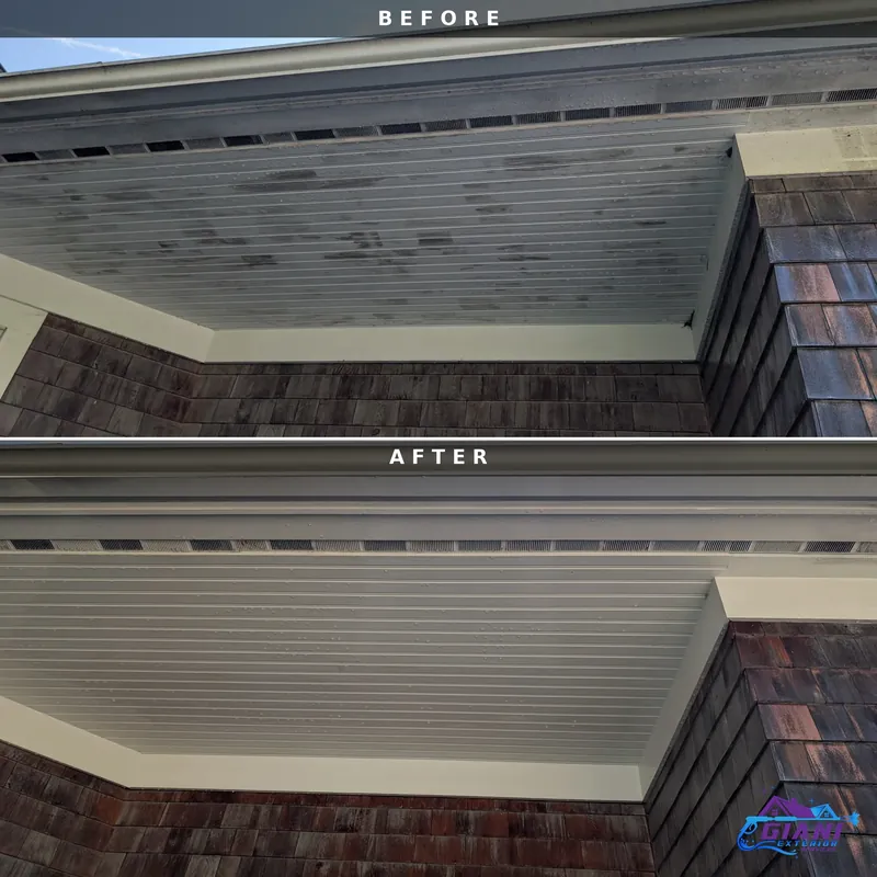 Before and after porch ceiling cleaning in Durham, NH