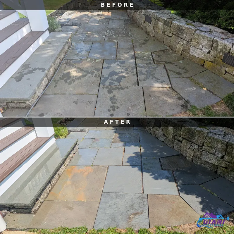 Before and after stone patio cleaning in North Hampton, NH