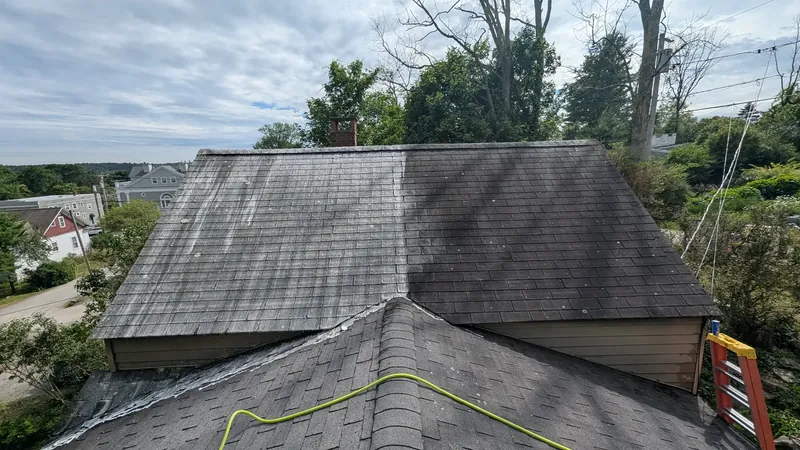 Before and after roof washing in York, ME